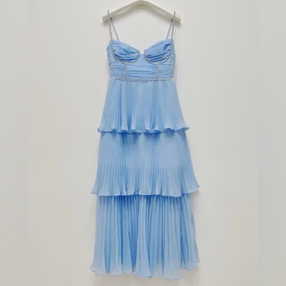 Self Portrait Diamonte Tiered Chiffon Maxi Dress in Blue